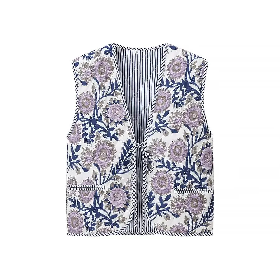 Women Elegant Vintage Quilted Waistcoat 2024 Fashion Ladies Sweet Lace Up Floral Print Vest for Female Chic Clothes