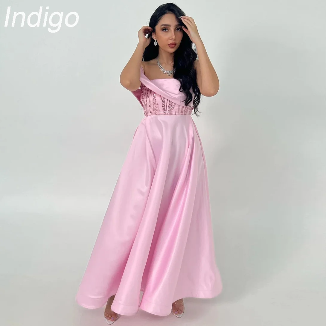 

Indigo Satin Evening Dresses One Shoulder Beads Floor-Length Formal Party Dress For Women 2024 Vestidos De Gala فساتين السهرة