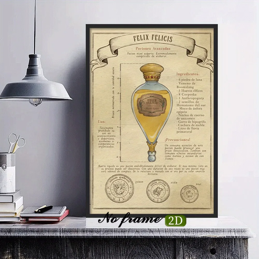 Pintura de hojalata, pintura artística de pared plana 2D, poción Felix Felicis para decoración de sala de estar y dormitorio, regalo de arte moderno