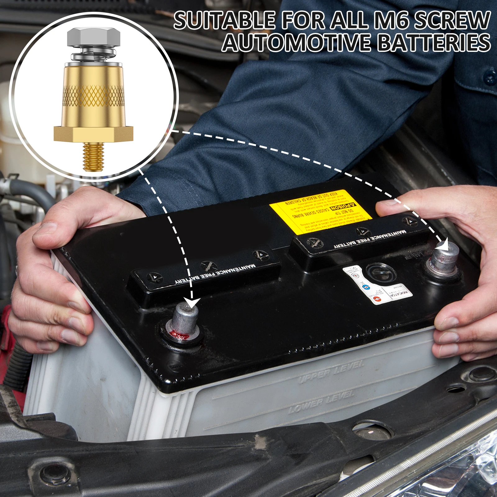 1Pair M6 Thread Brass Battery Pole Adapter Binding Post Car Positive Negative Battery Post Connector with Screws Washers Pads