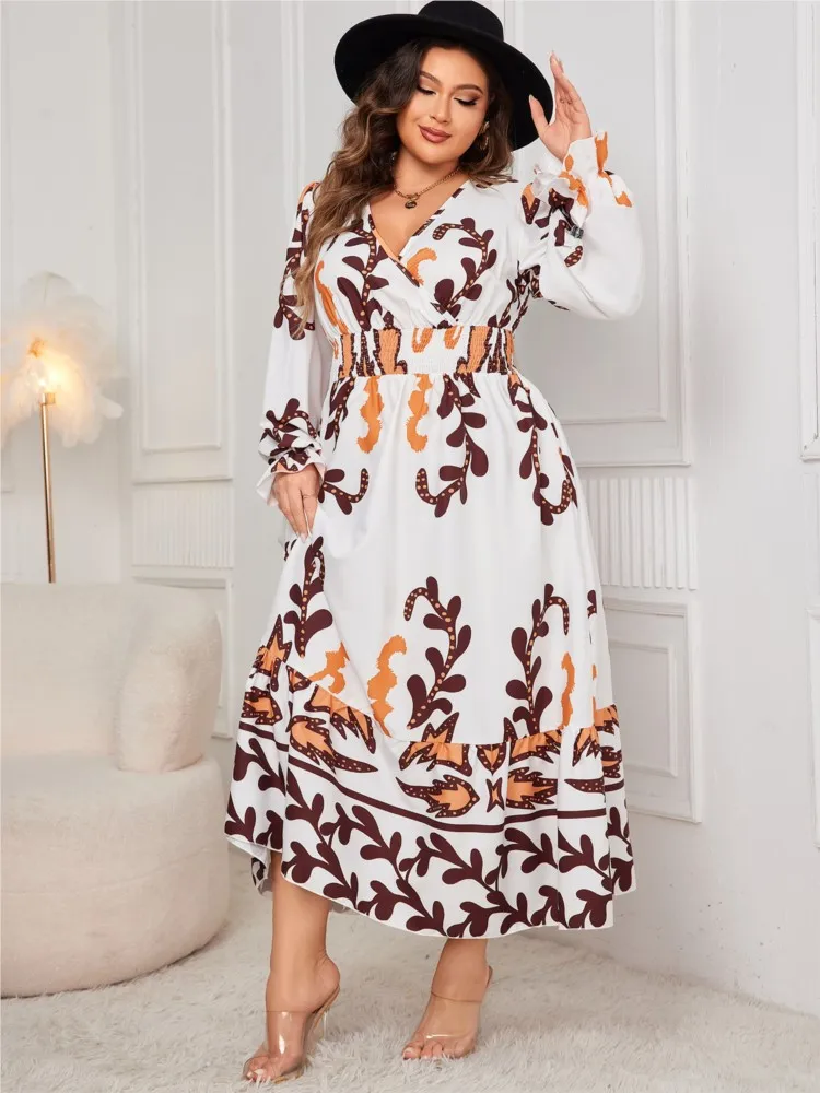 Plus Size Autumn Floral Print Midi Dress Women Loose Ruffle Pleated Fashion Slim Waist Ladies Dresses Casual Woman V-Neck Dress