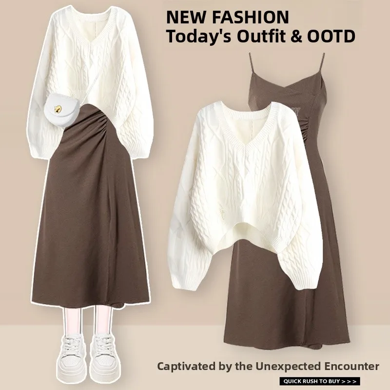 

Модный комплект для повседневной носки: женский элегантный свитер с V-образным вырезом и длинным рукавом, осенняя новинка, комплект из двух предметов