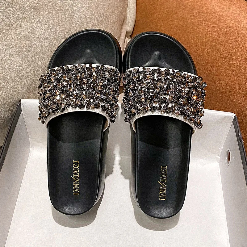 Thick Soled Slippers 2024 New Rhinestone Thick Sole Slippers Summer Fashion Slippers Cool Size 41-43