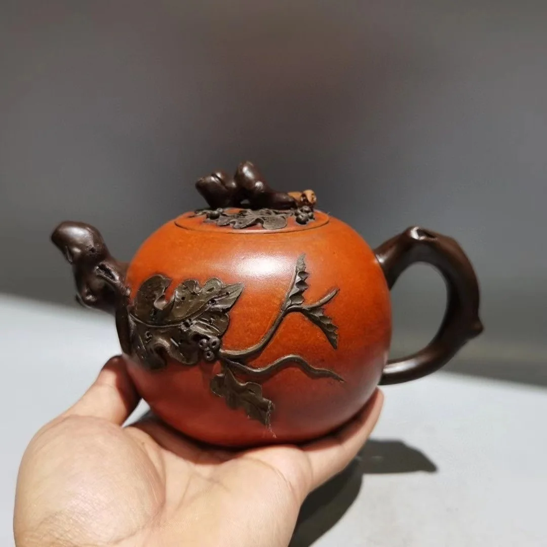 Old Chinese Handicraft Enameled YiXing Zisha (red stoneware) Teapot,Grapes, with mark, Free shipping