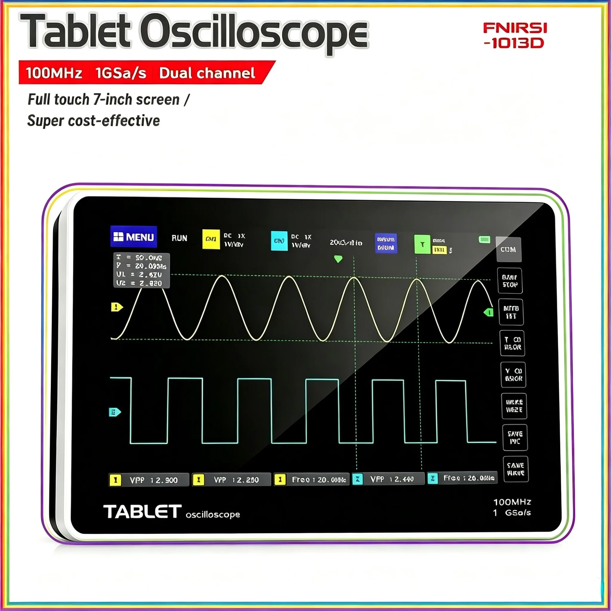 FNIRSI 1013D Portable Tablet Oscilloscope 2CH 100MHz Automotive Diagnostic Tool with FFT Spectrum Analyzer and Touch Screen