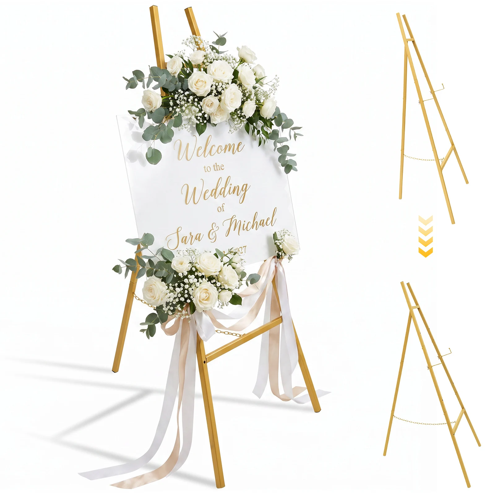Gold Easel Stand Adjustable Height Welcome Photo Display Stand Heavy Duty Metal Drawing Easel for Paintings Welcome Signs Poster