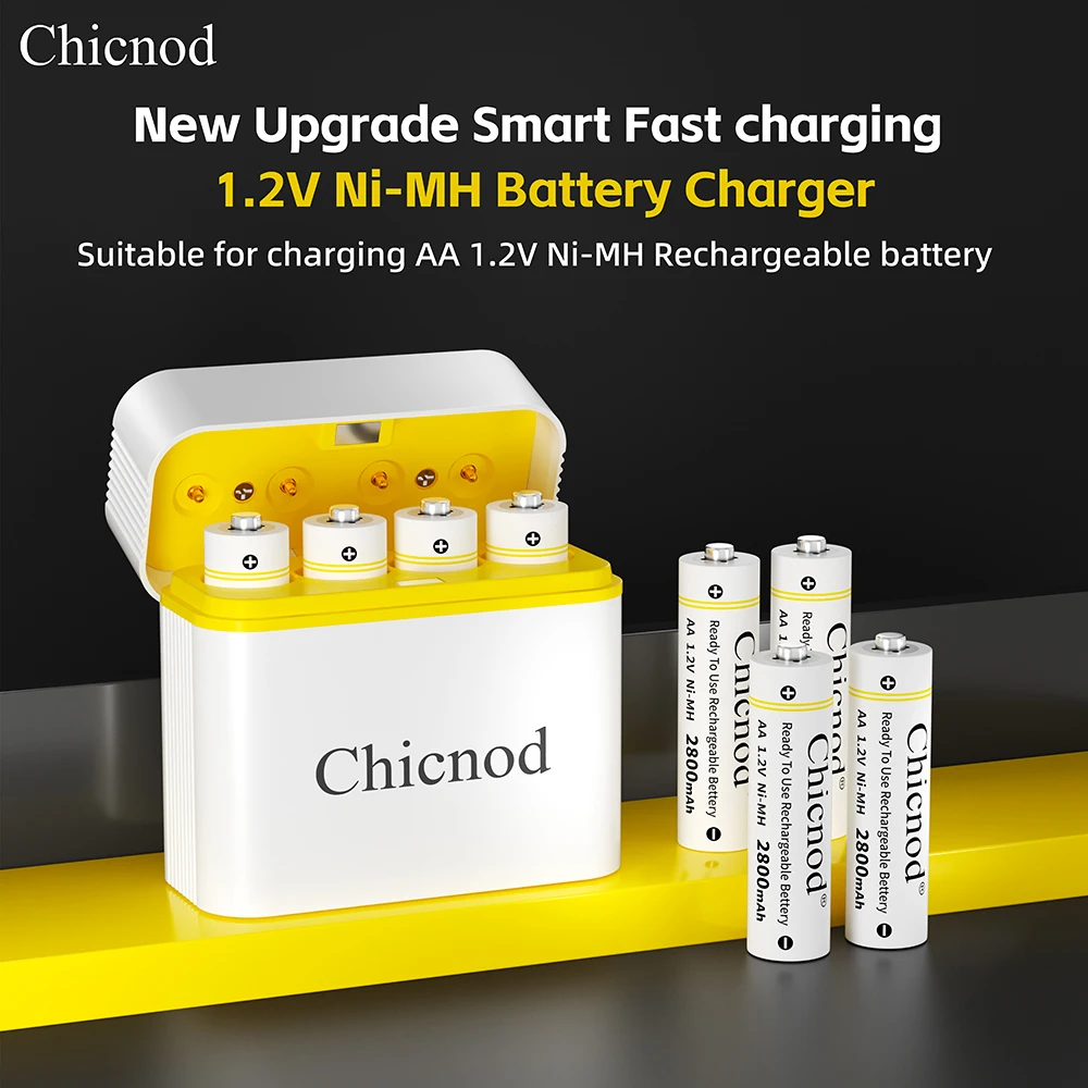 CHICNOD AA Rechargeable Batteries 2800mAh Ni-MH Battery 1.2V Smart Fast Charger 4 Slot USB Charging Kit for Camera Flashlight