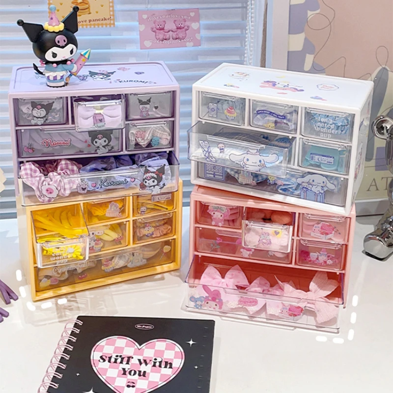 Kawaii Sanrio Girls Cinnamoroll Desktop Storage Box Kuromi Melody 6 Grids Drawer-type Stationery Desk Accessories Organizer Box