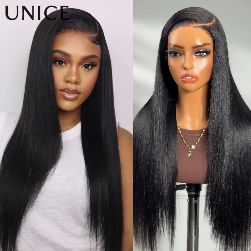 Wig Rambut Asli UNice Hair Natural Color Yaki Straight Pre Cut Pre Bleached 7x5 Lace Glueless Wig & V Part Wig 150% Density