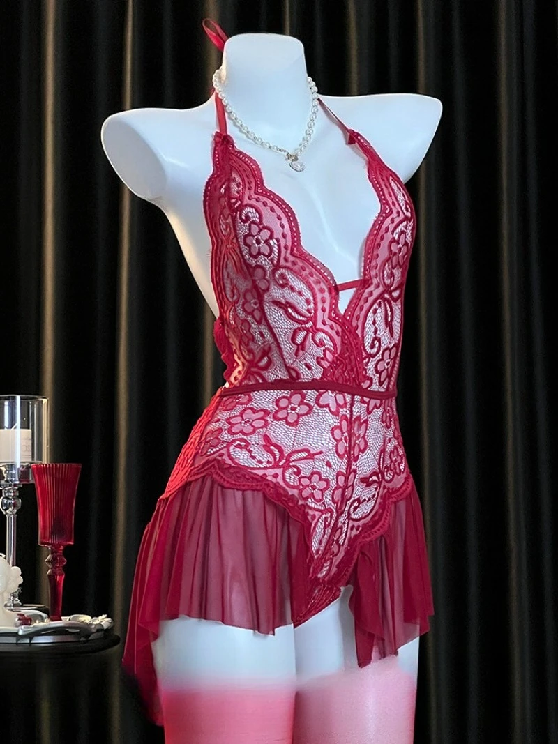 

Red Lace One-Piece Pajama,Elegant Backless Nightdress,Romantic Velvet Nightwear,French Pure Desire Style Sleepwear,Couple’s