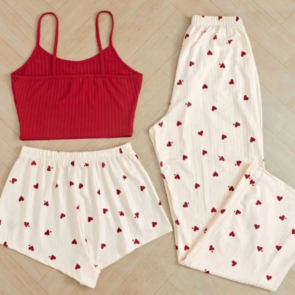 Summer Women\'s Three-piece Pajama Set Lace Strap Camisole with Heart Print Shorts Wide Leg Pants Sleepwear for Ladies