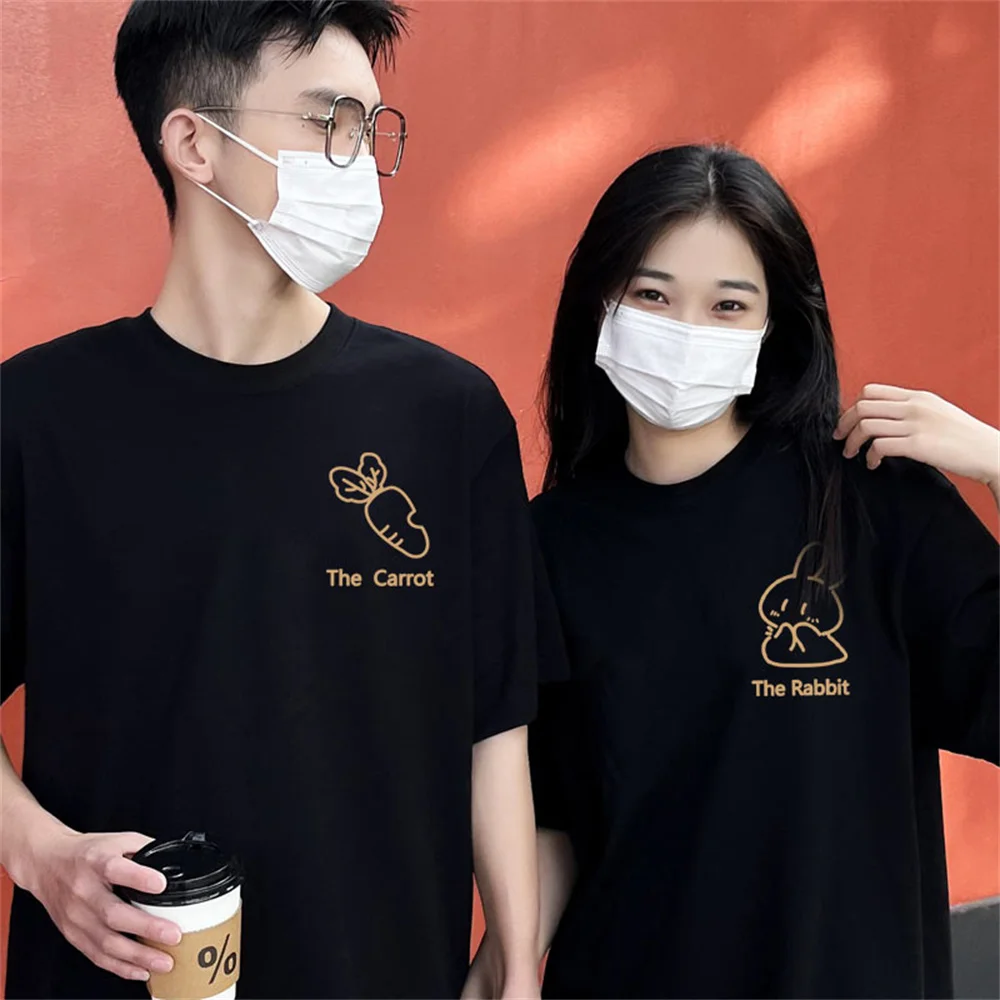 Korean Street Style 100% Cotton Couple T-shirt Tee Cartoon Cute Rabbit Carrots Print Men Women Top Streetwear Clothes