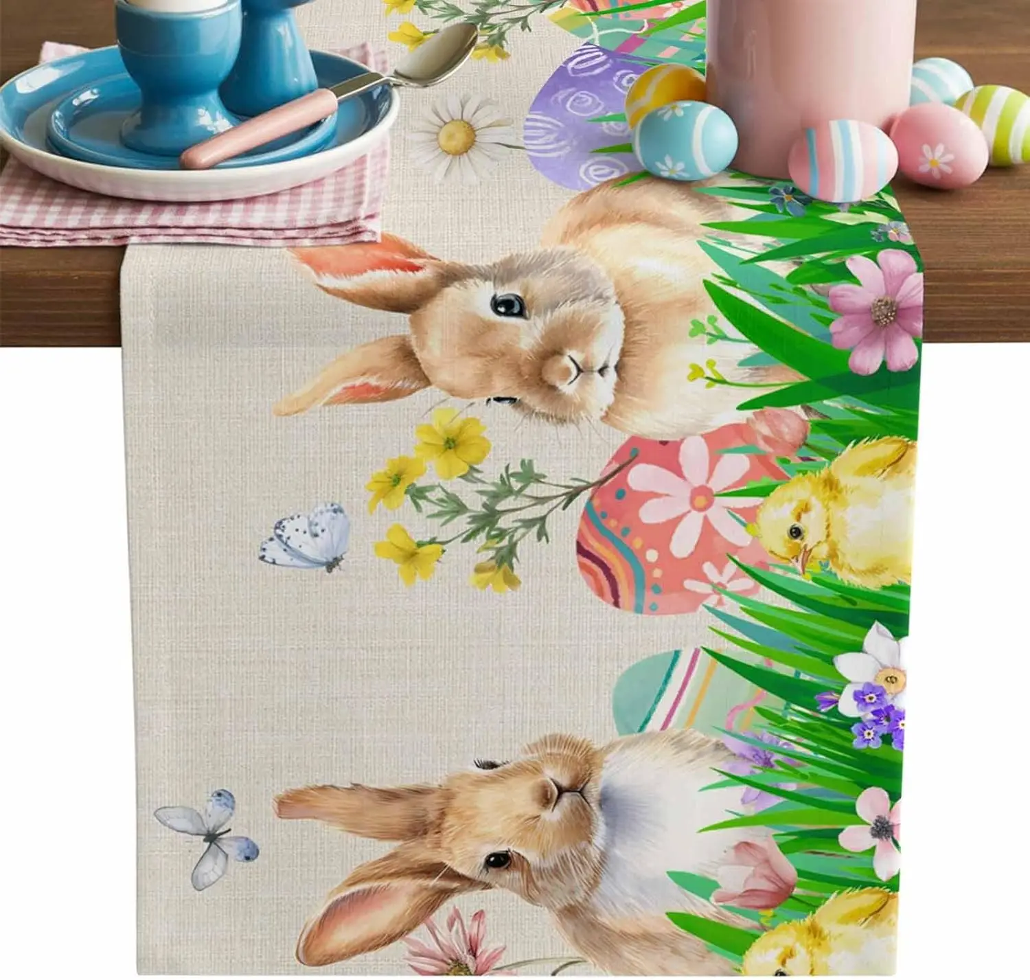 

Пасхальный кролик, яйца, цветочная трава, льняная дорожка для стола, декор для вечеринки, весенние красочные цветы, бабочка, дорожки для стола, пасхальные украшения