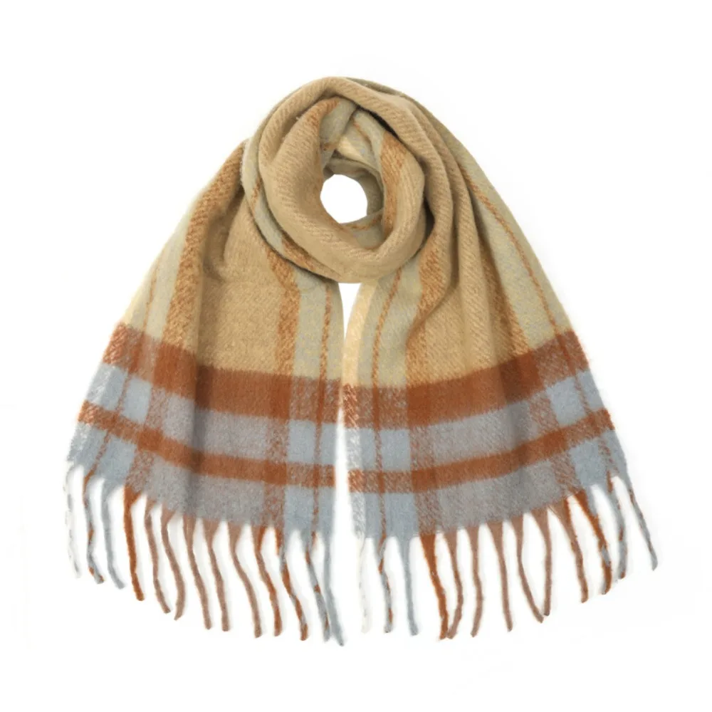 Simple Mohair Plaid Wool Scarf Long Rainbow Tassel Shawl Korean Style Thick Women Cape Autumn Winter
