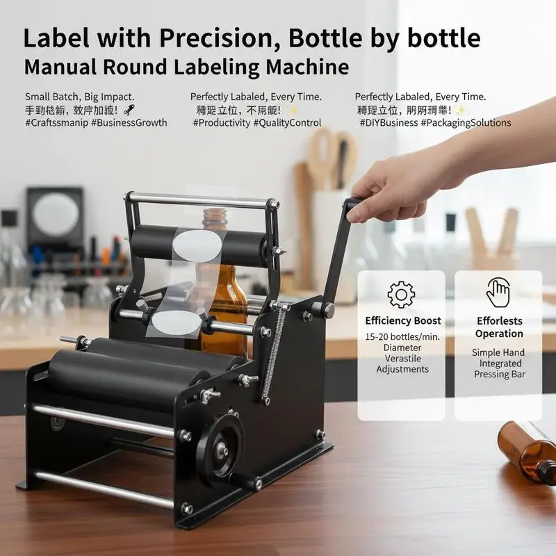 Hand Labeling Applicator 15-20pcs/min For Beverage Production Medicine Packaging Cosmetic Industry, Adjustable Bottle Labeler Diameter 0.78-4.72 inches Manual Operation Pressing Bar Included view 4