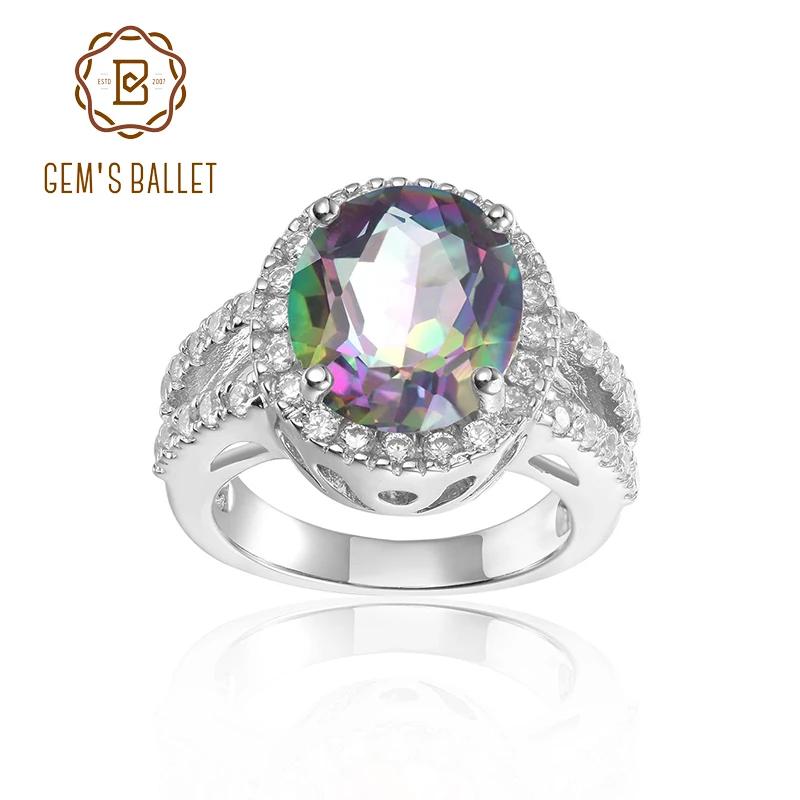 GEM'S BALLET Women's Birthstone Ring 4.36Ct 10x12mm Rainbow Mystic Topaz Gemstone Cocktail Rings in Sterling Silver Gift For Her