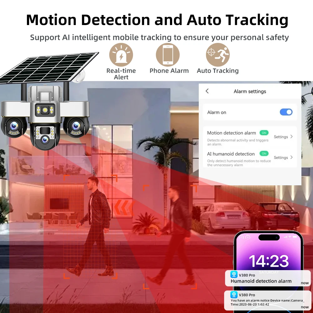 15MP Three PTZ Lens 4G Solar Camera HD Outdoor Waterproof CCTV Color Night Vision Motion Tracking V380 PRO Surveillance