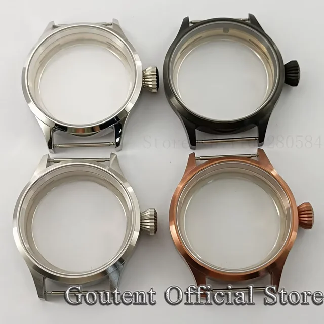 Obudowa zegarka Goutent 43mm, srebrno-czarna, brązowa powłoka PVD, szkło szafirowe, stalowa obudowa bez logo, mechanizm ETA 6497, 6498, ST3600