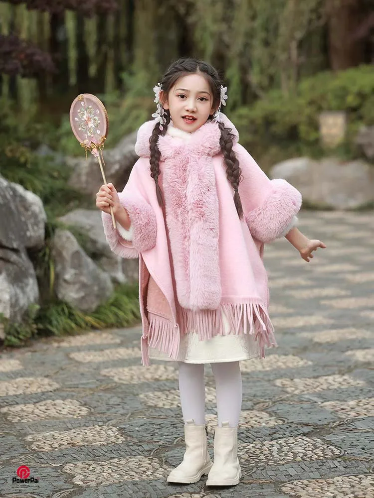 

Girl Winter Thicken Wool Blends Faux Fur Coat Cape Children Loose Long Cardigan Cloak Princess Outerwear Hood Birthday Gift