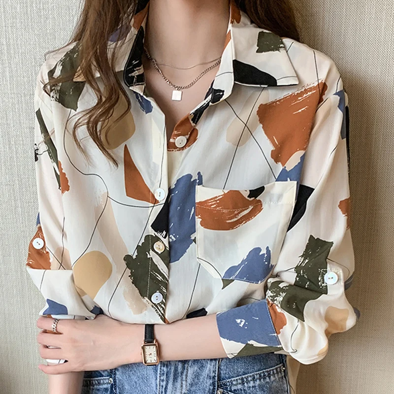 

Blouse Women 2024 Long Sleeve Women Blouses Shirts Turn Down Collar Print Chiffon Blouse Shirt Women Tops Blusas Mujer D403