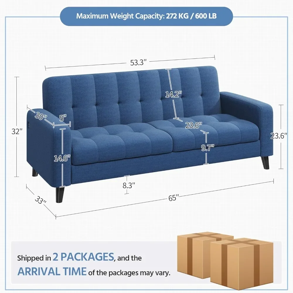 2-Seater Fabric Sofa Loveseat with USB ports Mid-Century Modern 65″ W Couch Sofa with Solid Wood Legs for Living Room Apartment