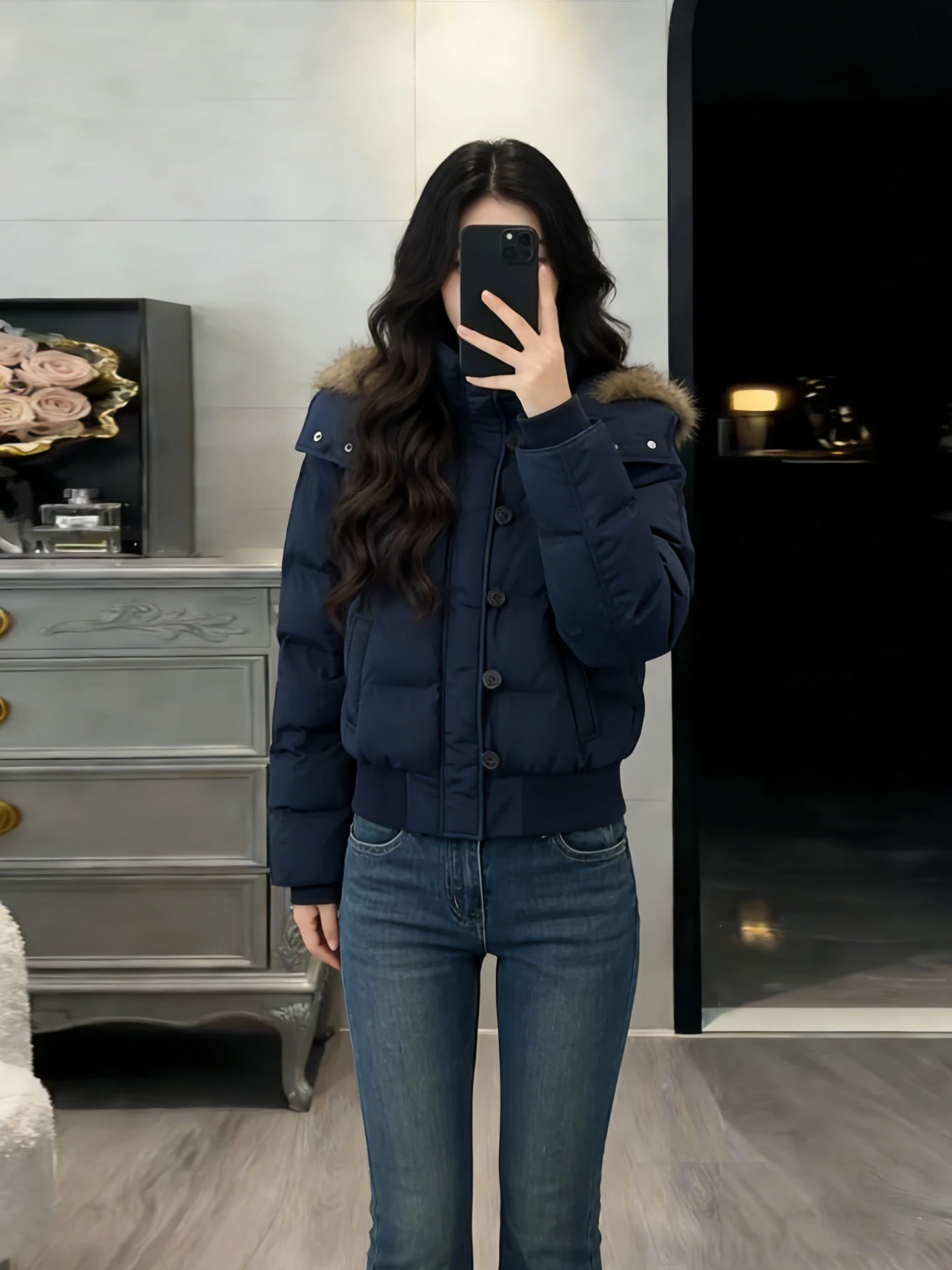 

Зимнее хлопковое пальто Nanfeiota для женщин с меховым воротником, теплое, синее, в корейском стиле, приталенное, эксклюзивно онлайн