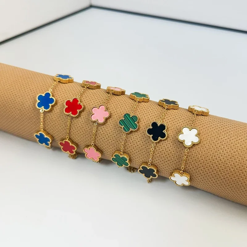 Pulseras de mano de trébol para mujer, brazalete de acero inoxidable de doble cara con flor para el día de la madre, accesorios de joyería a la moda, regalos