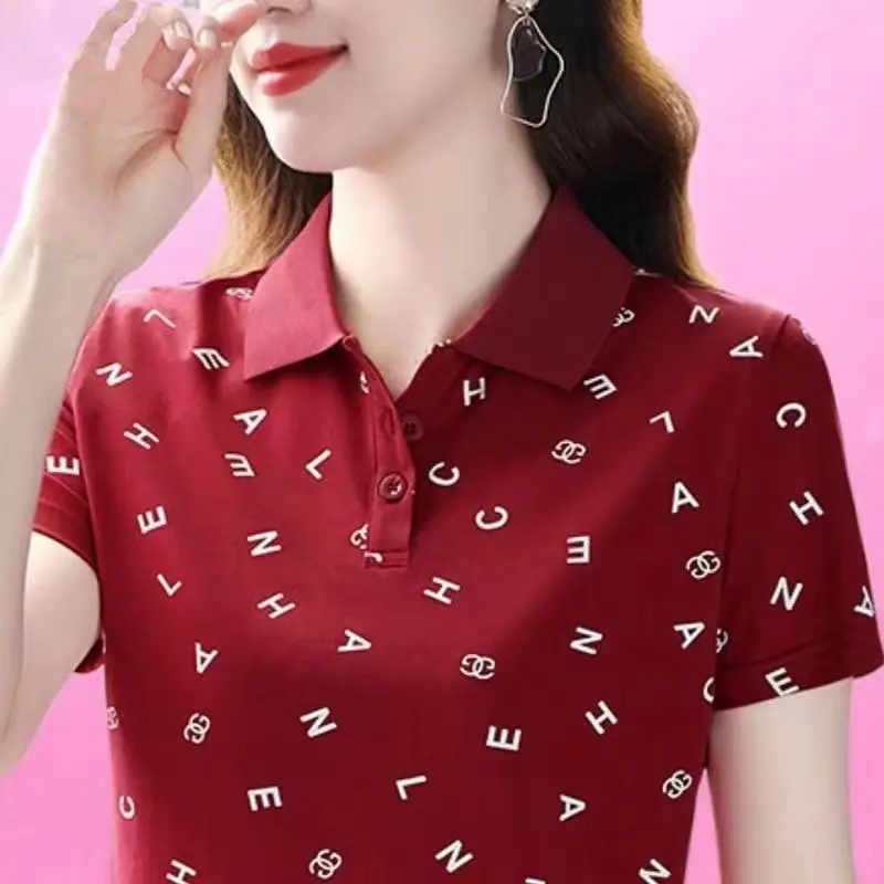 New Summer Women's Polo Neck Short Sleeve Loose Plus Size Classic Pullovers Printed Letter Fashion Casual All-match Tops