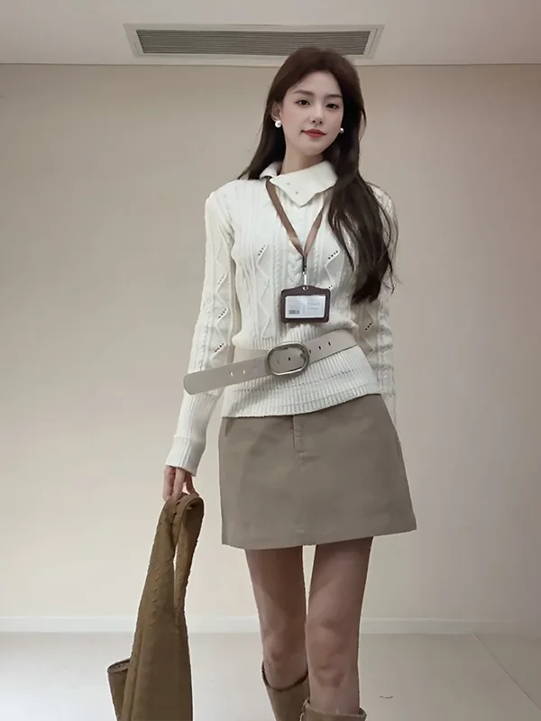 

Ladies' Soft Long Sve Slim Fit Knitted Sweater Winter New Sle Lazy Sle White Collar Twist Knitwear Comfortable Top