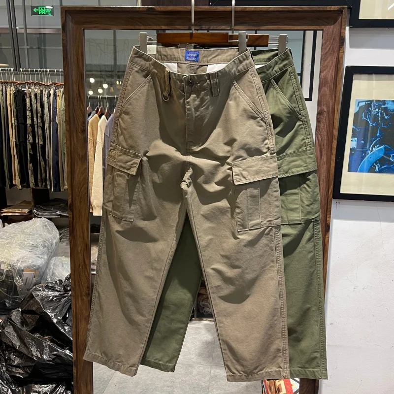 

Amekaji American Retro Washed Multi-Pocket Cargo Pants for Men Heavyweight 100% Cotton Distressed Relaxed Fit Straight Trousers