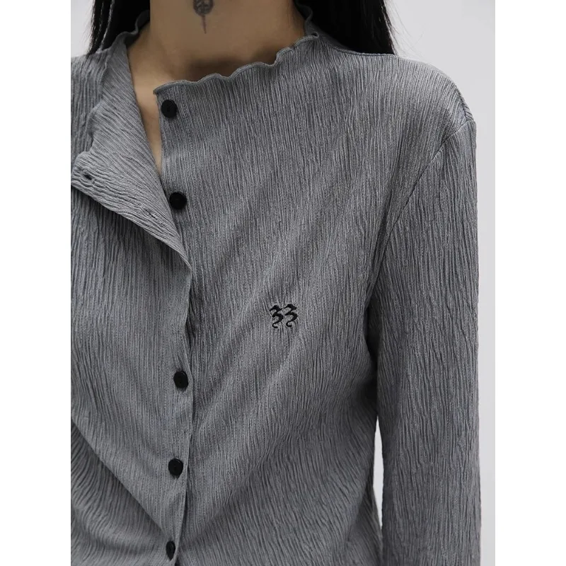 Women Black Shirts Embroidery Spring Chic Fashion New Cardigan Long Sleeve Gray Grunge Goth Vintage Casual Simple Y2k Blouses