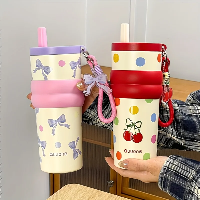 

1pc 620ML Cute Polka Dot Insulated Coffee Cup - Office Portable Cup - Coffee Cup - With Handle and Straw - Convenient for Outing