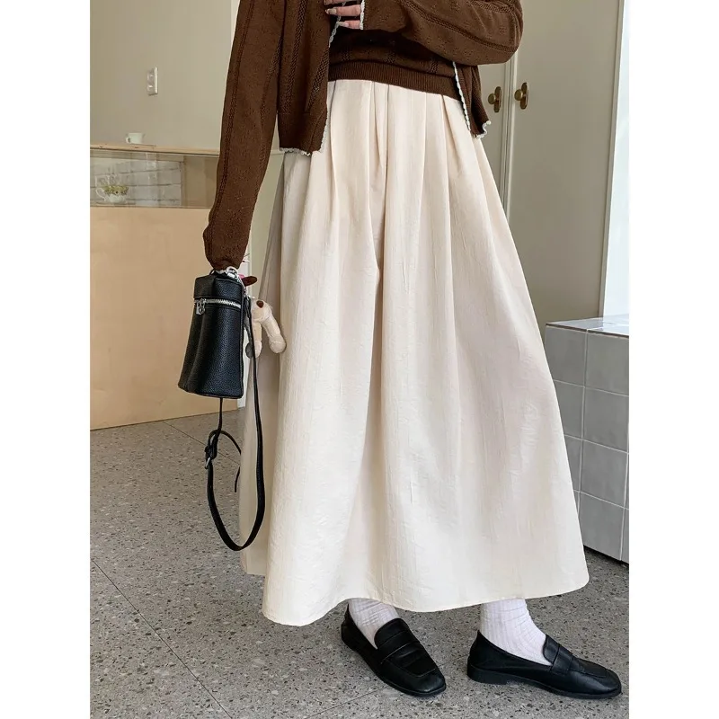 

French Style Elegant Pleated Skirt Women High Waist Skirt Casual Flowy Long Skirt For Daily Wear Office Outfit Pure Desire 82SP