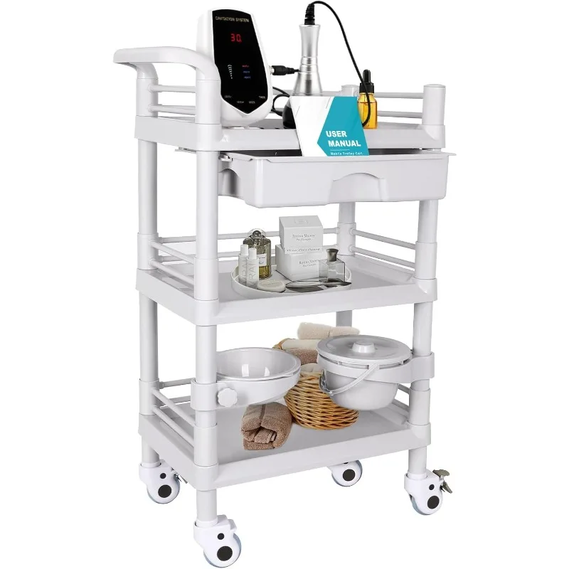 3-Tier Professional Cart 220 Lbs Load Utility Cart for Ultrasound Scanner Esthetician Cart with Drawer Lockable Rolling Wheels