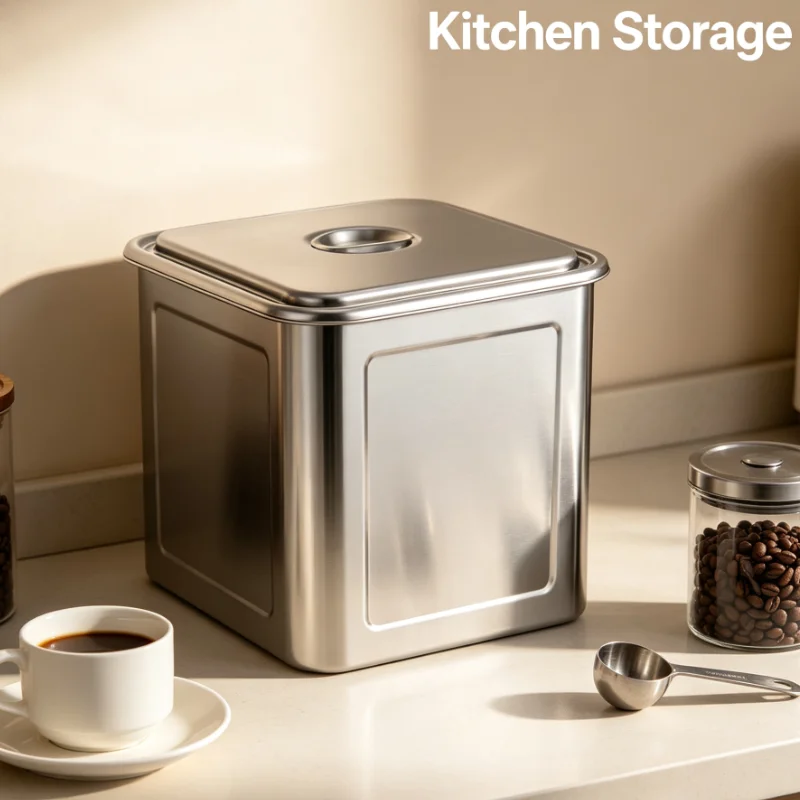 Stainless Steel Square Storage Container with Lid for Kitchen Pantry Rice Flour Dry Goods Organizer