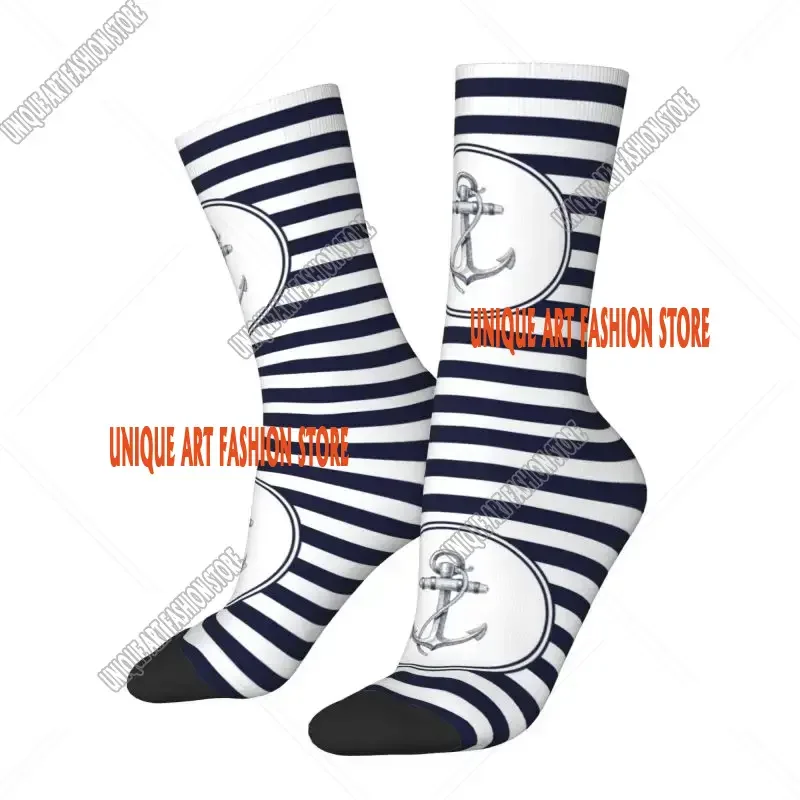 Anchor And Navy Blue Stripes Men Women Male Crew Socks Unisex Cute 3D Print Nautical Sailor Dress Sock