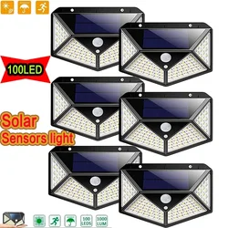 Outdoor Solar Street Light com sensor de movimento PIR, Jardim Fence Lights, varanda lâmpada, impermeável, IP65, 100 LED