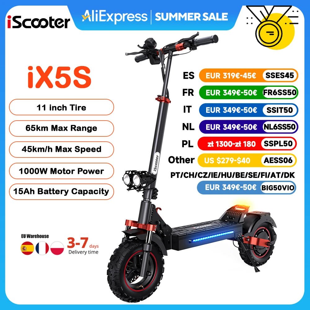 iScooter iX5s Electric Scooter 15Ah 1000W Powerful Kick Scooter Anti-skid Off Road Pneumatic Tire 65km Range 45km/h eScooter