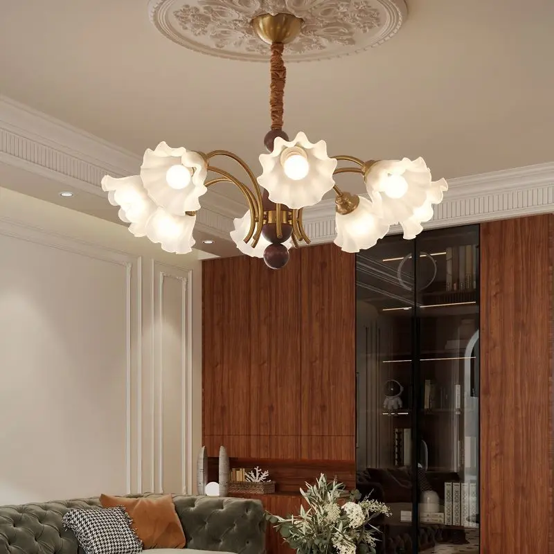 

Medieval American Retro Living Room Chandelier French Romantic Lily of The Valley Flower Glass Bedroom Dining Room Lamp