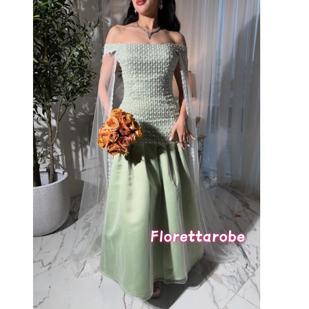 

Luxury Green Pearls Beads Evening Dresses For Women Customized Off the Shoulder Prom Dress Formal Arabia Party Gowns