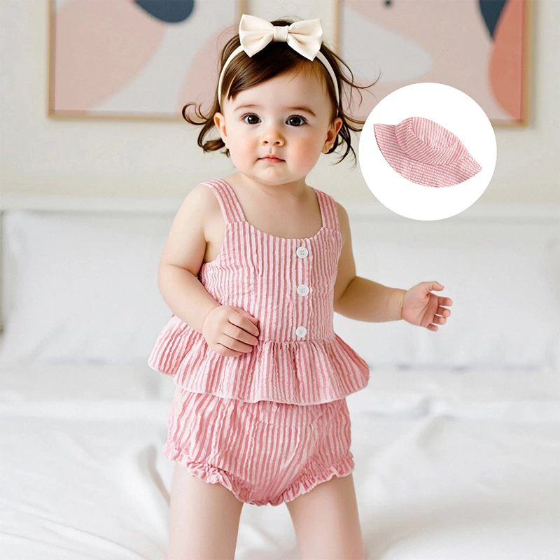 

Baby Girl Striped Print 3 Pieces Set Button-up Ruffle Tank Tops Elastic Waist Shorts Wide Brim Sun Hat 3 Piece Summer Outfit