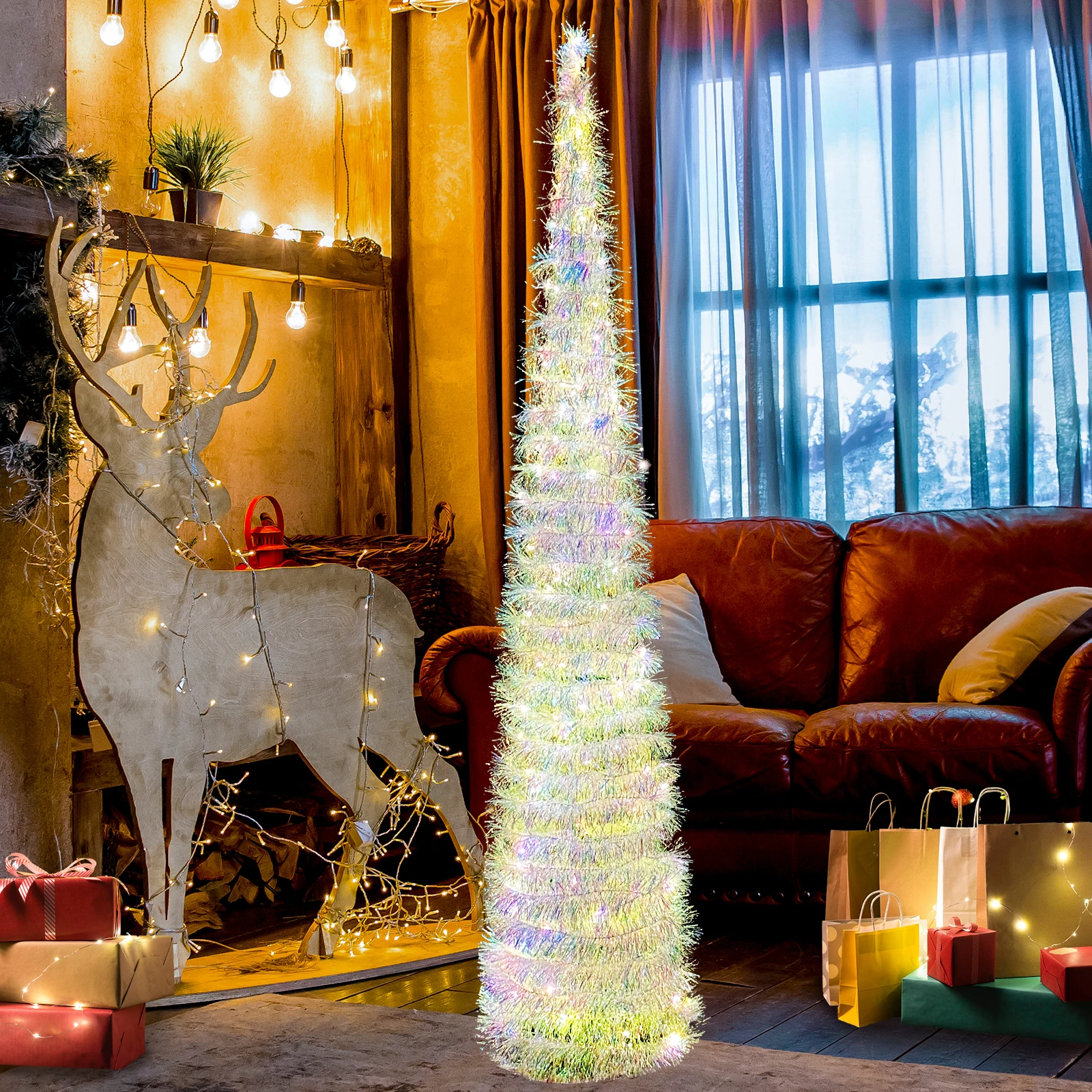 5FT Collapsible Pop Up Christmas Tree, Colorful Tinsel Christmas Tree with 60 LED Warm Lights for Christmas Decorations Indoor