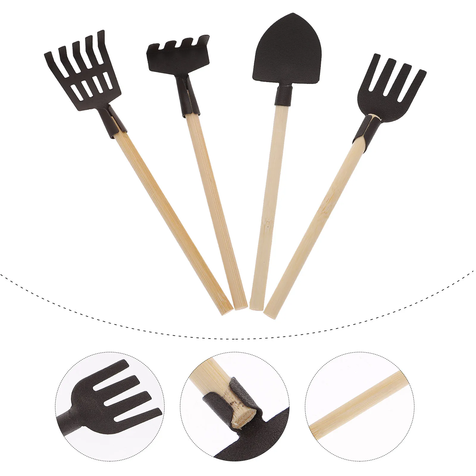 4 ชิ้นเครื่องมือเด็ก Mini Rake Beach Shovel ชุดของเล่นตุ๊กตาเครื่องมือฟาร์มคราดขนาดเล็กไม้ทรายสีดําเล่นอุปกรณ์เสริม