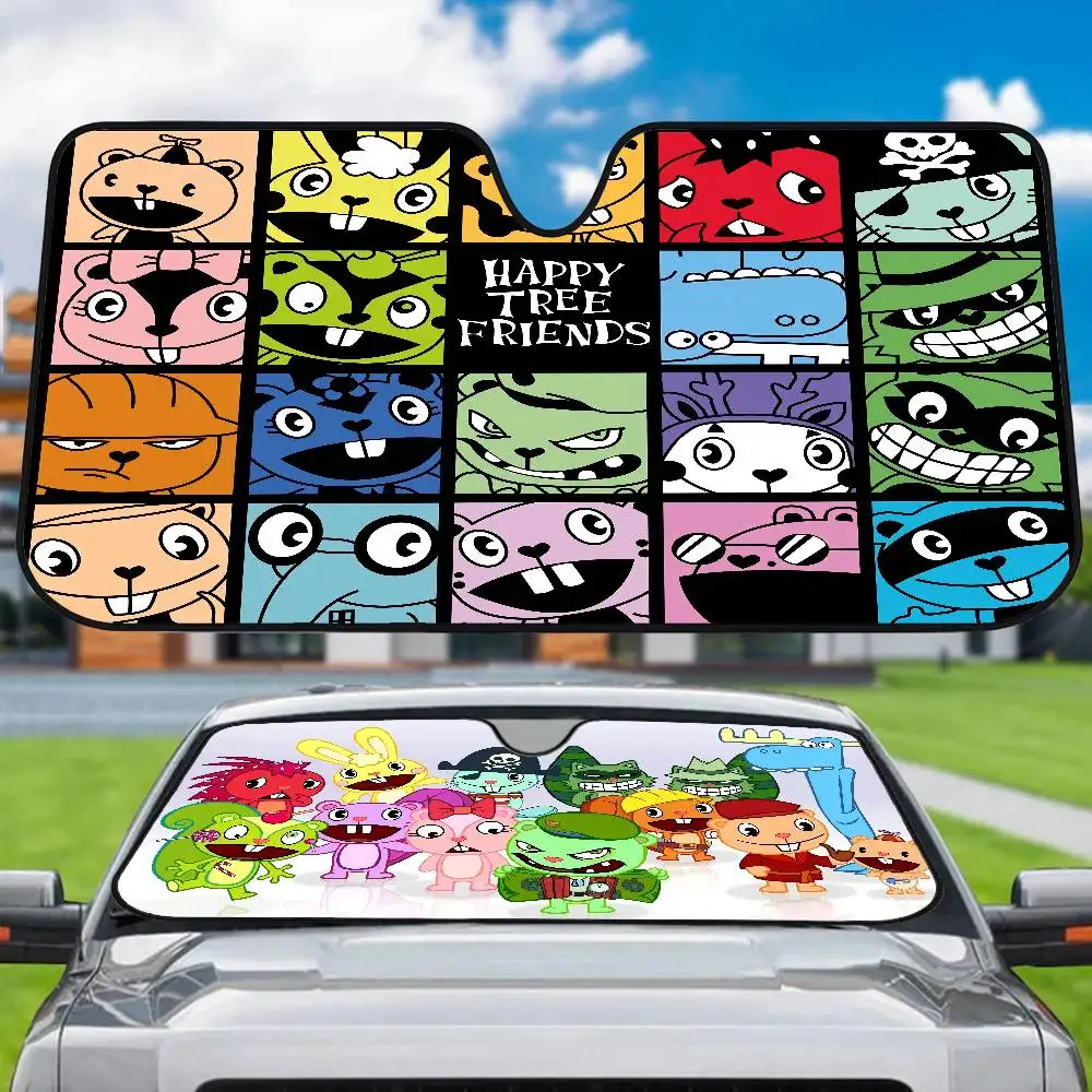 

H-Happy Tree Friends Car Sunshade Front Sunscreen Heat Insulation Cooling Aluminum Summer Car With Cartoon Glass Cover