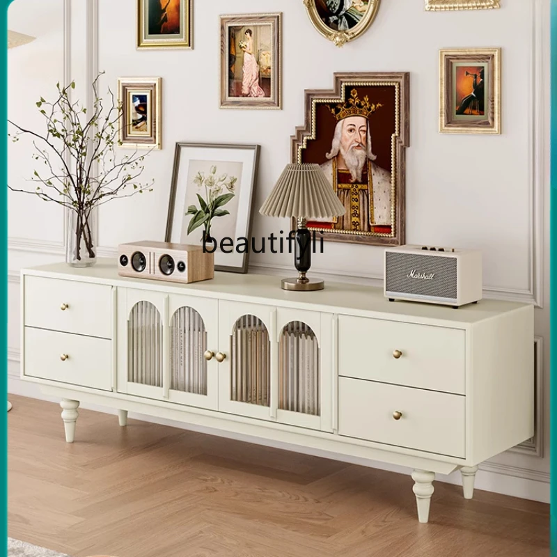 

Cream Style Solid Wood TV Cabinet and Tea Table American Living Room Retro French Entry Lux Furniture