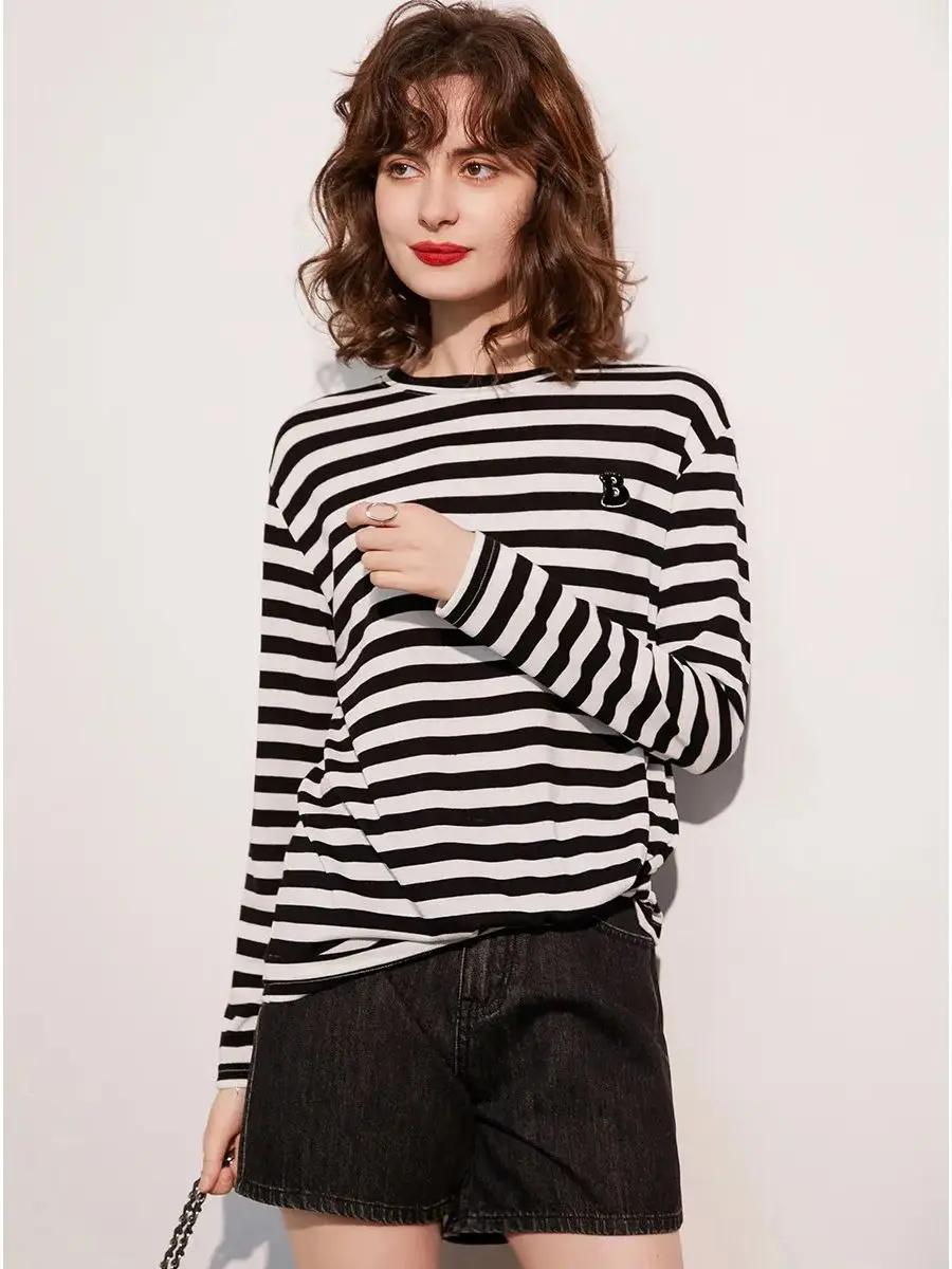 LOUIS YAO-Camiseta a rayas para mujer, camiseta de manga larga con cuello redondo, camiseta informal holgada a la moda, Jersey largo, primavera 2025