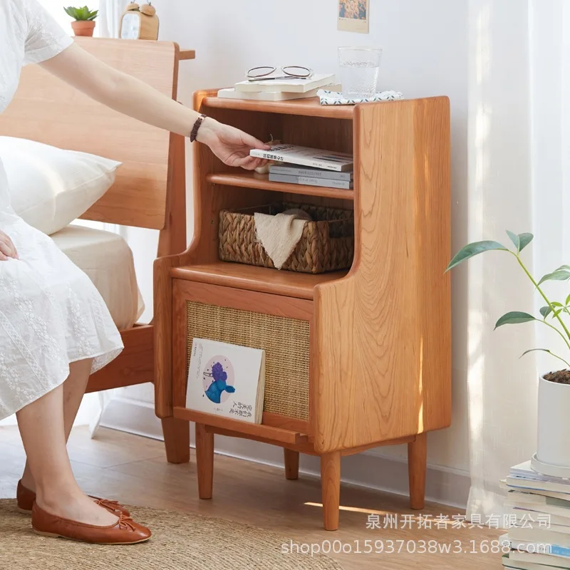Solid wood rattan bedside cabinet, sofa side cabinet, flip-door magazine cabinet, bedside bedroom storage cabinet