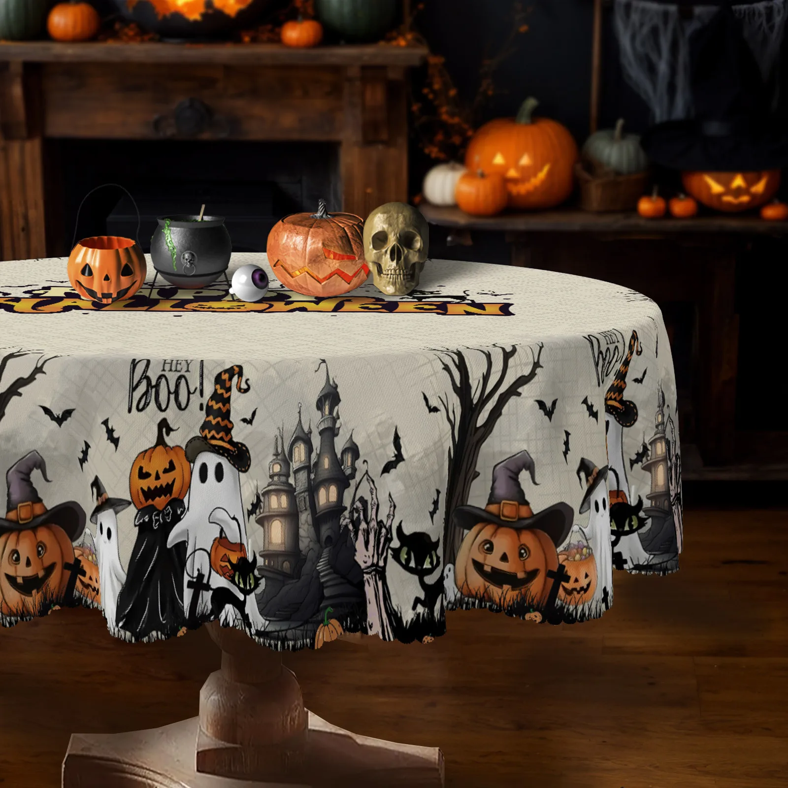 Halloween tablecloth, in Gothic-Victorian style design, featuring terrifying bats and pumpkin lanternszyc