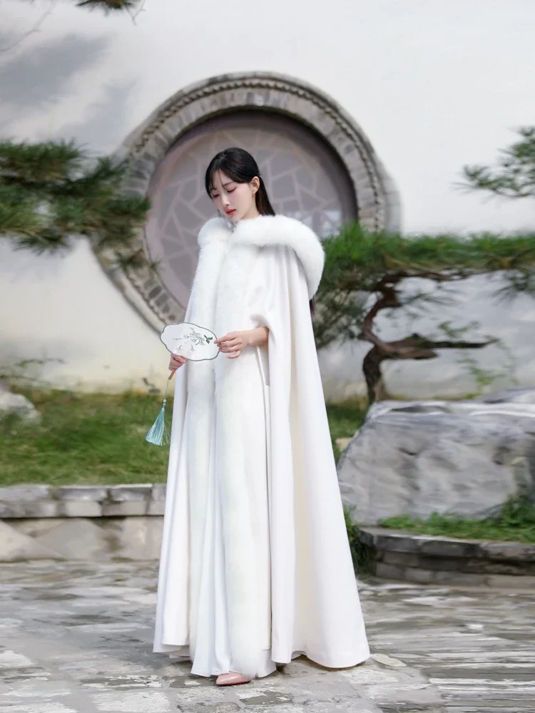 Women's Hanfu Cape Shawl Long Thickened Warm Cashmere Coat Fox Hair Cape National Style Coat