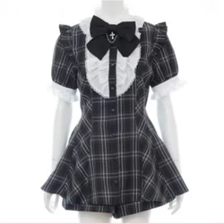 Japanische Art Gothic Y2k Lolita Plaid Strass Schleife Kleid Shorts Set süße Frauen Puff Kurzarm Knopf Hemd Party kleider